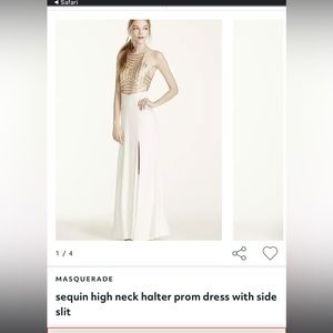 White and gold sequin halter top prom dress